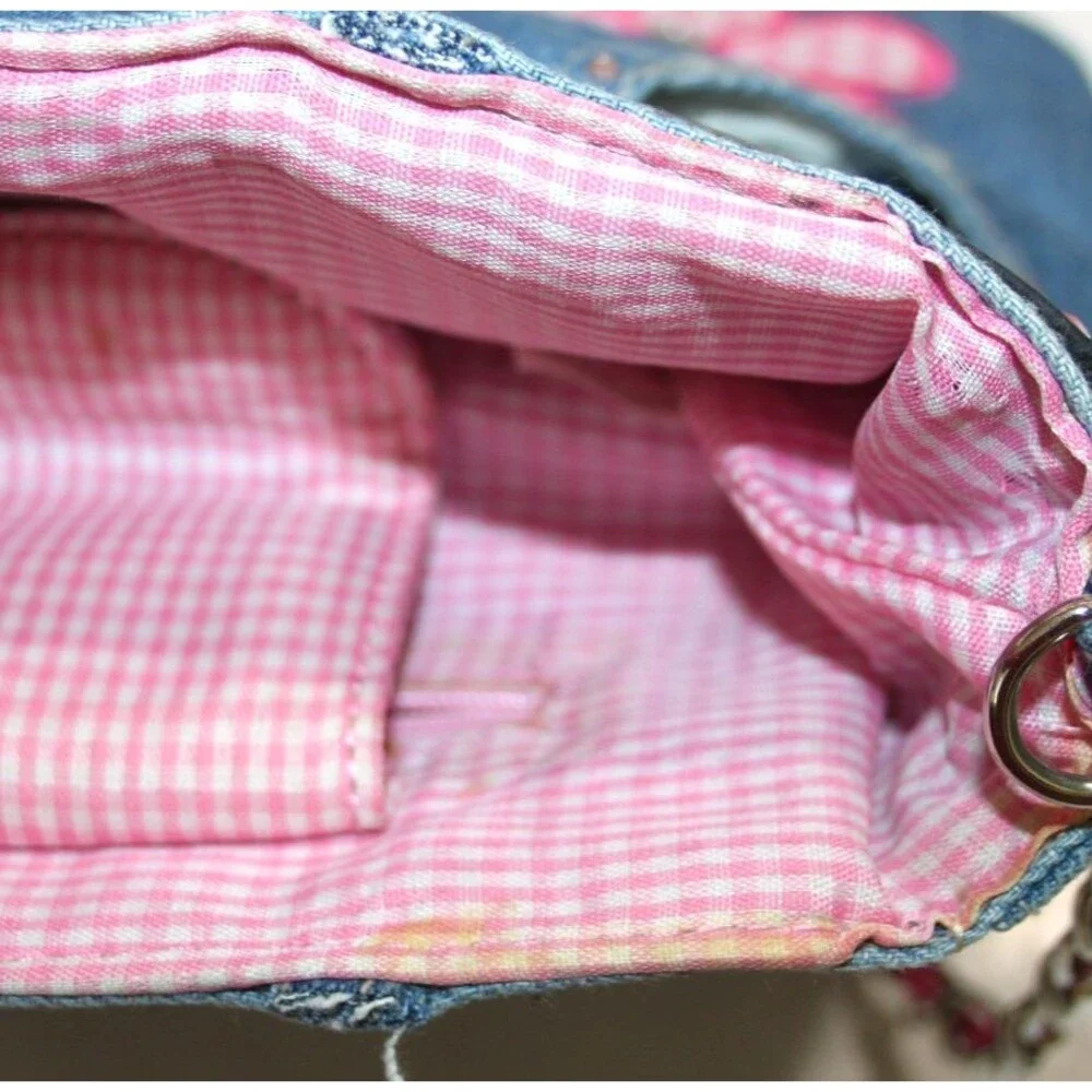 Denim Jean Purse Belt Key Chain Pink Flower Embellished Y2K Shoulder Trendy Bag